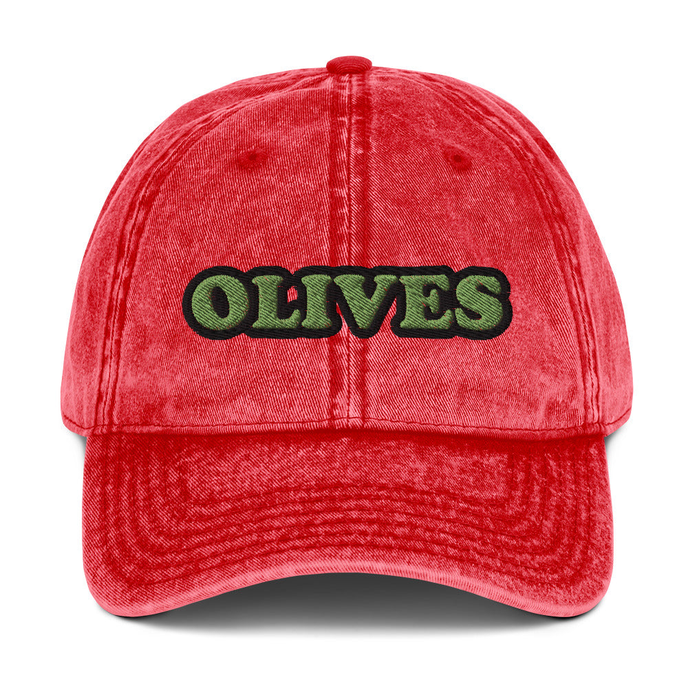 Red olives dad hat - Eat olives in this olive lover dad hat! It's a funny food hat, designed for olive aficionados and made just for you. This hat has a washed out vintage style with an embroidered foodie design. The perfect statement hat for people who love olives or a gift for olive enthusiasts. Stand out in this unique olive lover hat. 