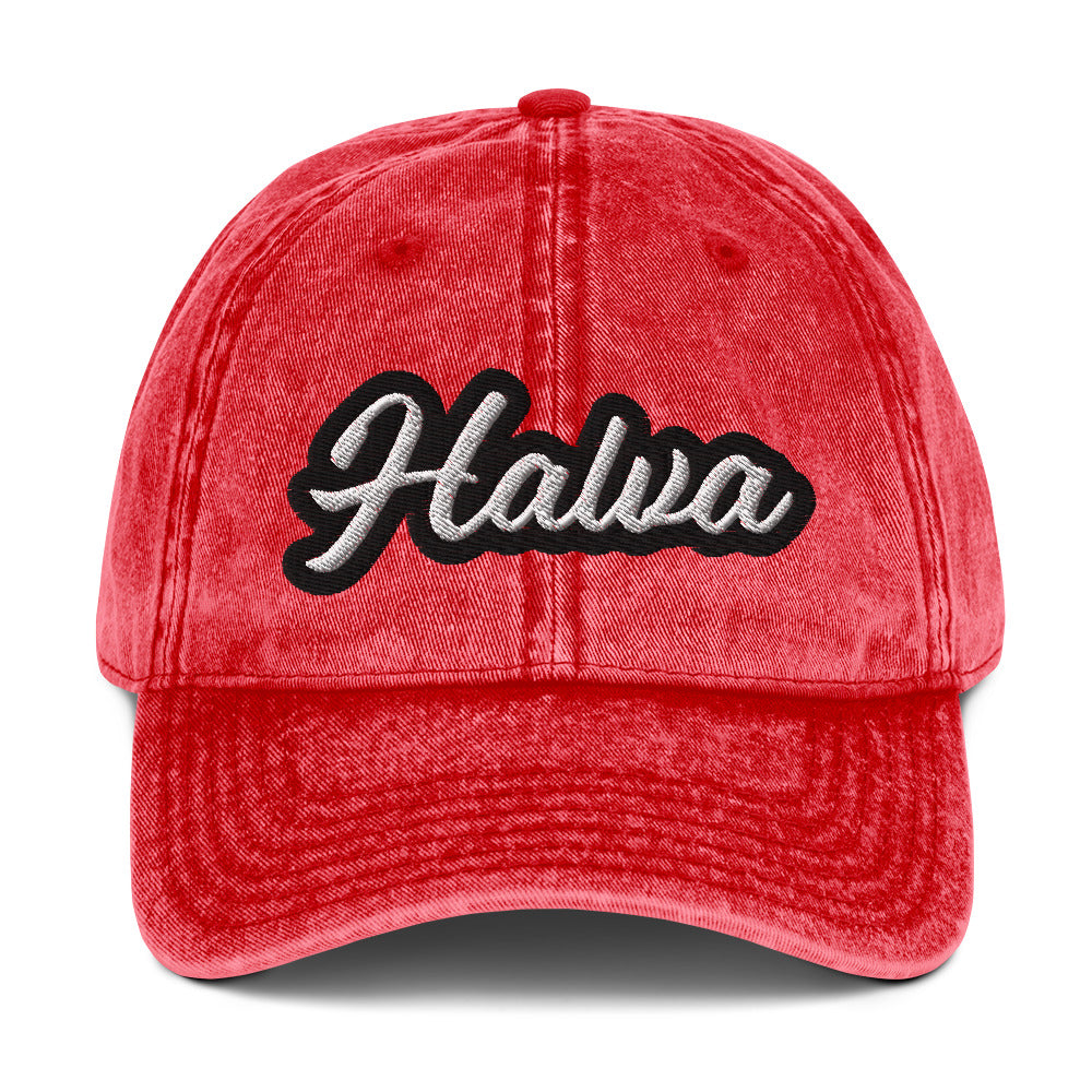 Red halva dad hat - A halva dad hat for halva lovers and worldly foodies. Eat your favorite halva in style and share your foodie passions. This trendy halva hat is made of cotton, with a washed out vintage style and an eye-catching embroidery. Add a little personality to your look with this unique halva hat or give it as a gift for a halva enthusiast.