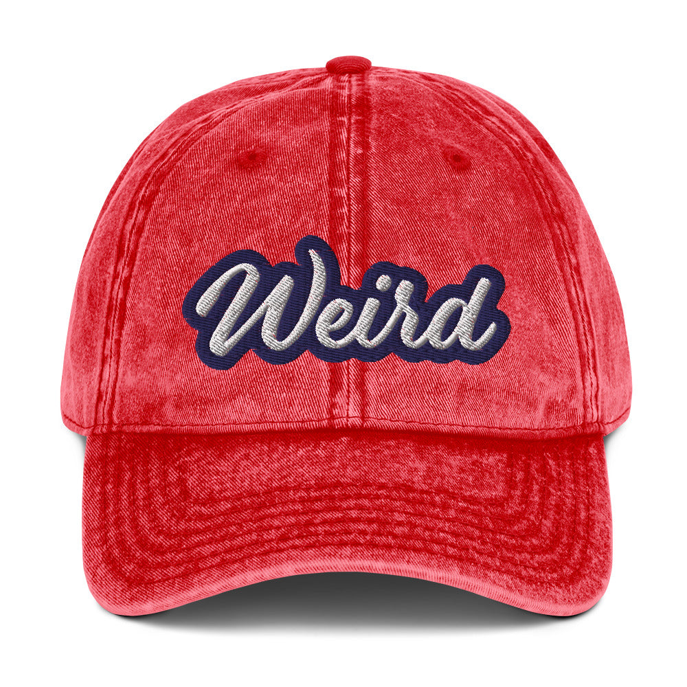 Faded red weird dad hat - This weird dad hat is comfortable, adjustable and is made just for you. It's a classic unstructured hat with the word "weird" embroidered on the front. This vintage-style dad hat is adjustable and comes in a variety of stylish faded colors. Wear this weird hat as everyday wear or give it as a gift for a weird friend.