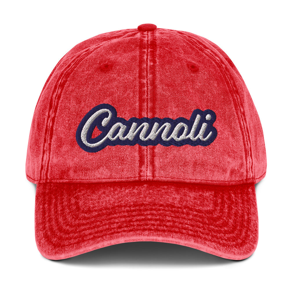 Red cannoli hat from Nina's Funky Shop by ninanush - A unique dad can designed for cannoli lovers and foodies. Eat your favorite cannoli in style and show off your love for this classic Italian dessert in our unique foodie dad hat. This cannoli hat is has a washed out vintage style and a white and blue embroidery. Perfect for cannoli lovers and foodies of all kinds. 