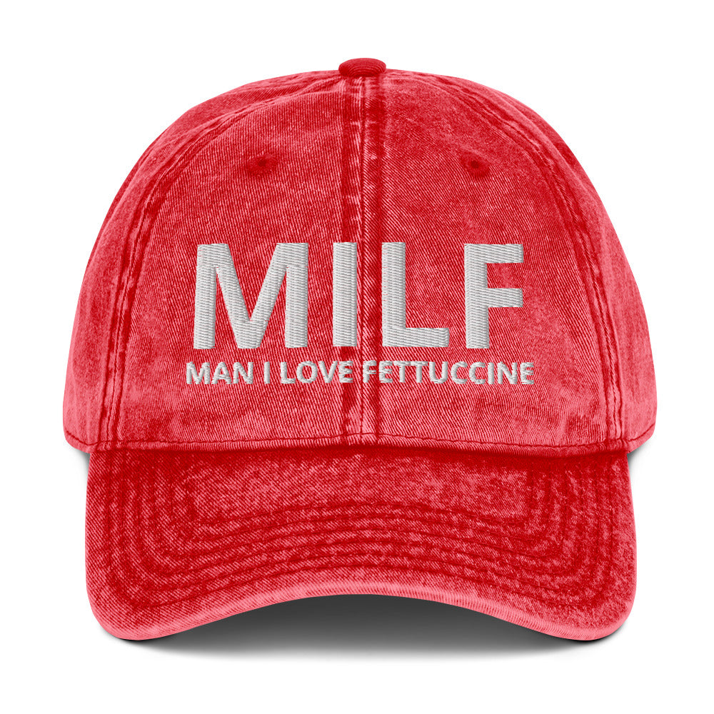 Red MILF man I love fettuccine dad hat from Nina's Funky Shop by ninanush - This funny MILF dad hat is comfortable, unique and makes the perfect hat for foodies and fettuccine enthusiasts. It comes in a variety of colors with "MILF Man I Love Fettuccine" embroidered on the front. Stand out, eat pasta and add a little personality to your style in this funny dad hat for fettuccine lovers.