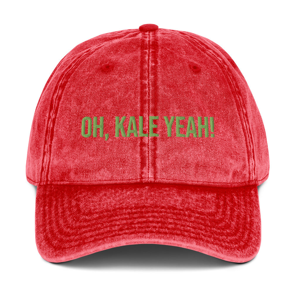 Red oh, kale yeah! dad hat from Nina's Funky Shop by ninanush - Eat kale and stand out in our slightly cringy dad hat for kale enthusiasts and quirky hat lovers of all kinds. It has an adjustable closure and comes in a variety of colors with a funny kale saying, expertly embroidered on the front. Celebrate your favorite foods in our funky foodie apparel, designed by Nina.