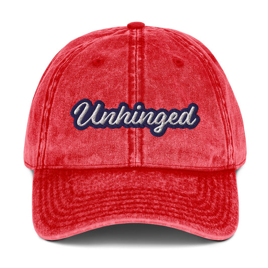 Red unhinged dad hat from Nina's Funky Shop by ninanush - UNHINGED⚡ Stand out in this vintage style dad for absolutely unhinged individuals. It has an adjustable closure and comes in a variety of colors with a the word "Unhinged" expertly embroidered on the front. Stay weird, stay wild and live your best life in this funny dad hat. It's designed by Nina, and made just for you.