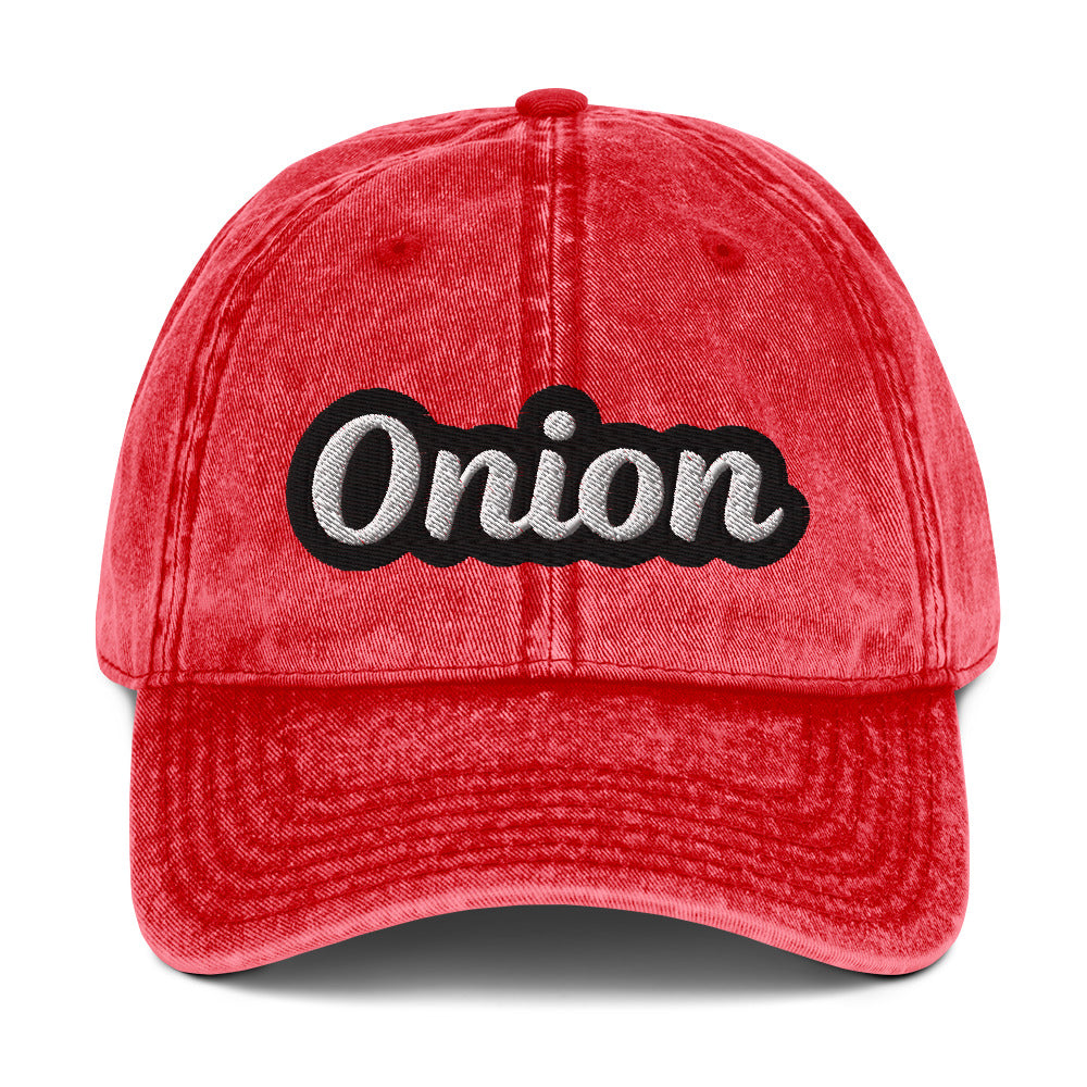 Red onion hat from Nina's Funky Shop by ninanush - This onion dad hat is comfortable, adjustable and the perfect weird hat for everyday fashion. It has a faded vintage-style material, expertly embroidered with the word "onion". Wear this onion hat and make a statement or give it as a gift to an onion enthusiast. Celebrate your favorite foods in our funny food hats, tees and accessories.
