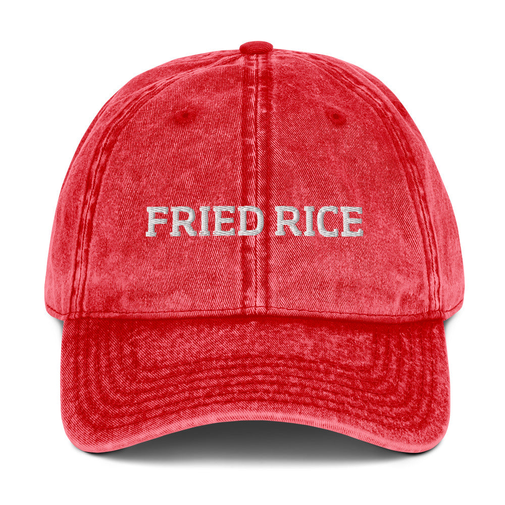 Red  fried rice hat from Nina's Funky Shop by ninanush - Calling all fried rice enthusiasts! This funny fried rice dad hat is comfortable with a vintage-style washed out material and the words "Fried Rice", expertly embroidered on the front. Make a statement and share your foodie passions in this weird hat. The perfect dad hat for foodies or gift for fried rice lovers of all kinds.