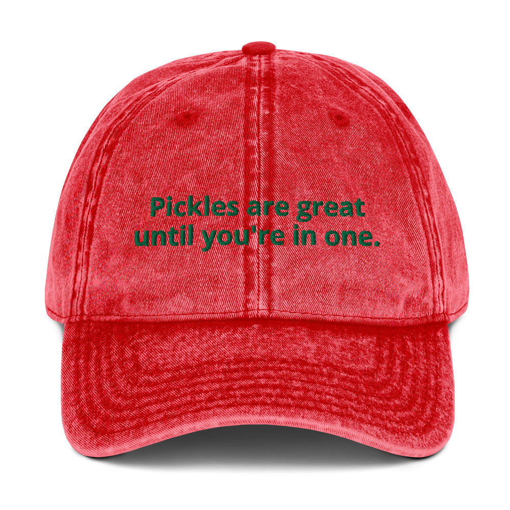 Red Pickles are great until you're in one hat - Love pickles? Looking for a gift for a pickle enthusiast? Our Pickles are great until you're in one hat is comfortable, has an adjustable closure and it's made just for you. It's an embroidered cotton dad hat with a funny food saying for pickle lovers. Make a statement and celebrate pickles in this funny dad hat.