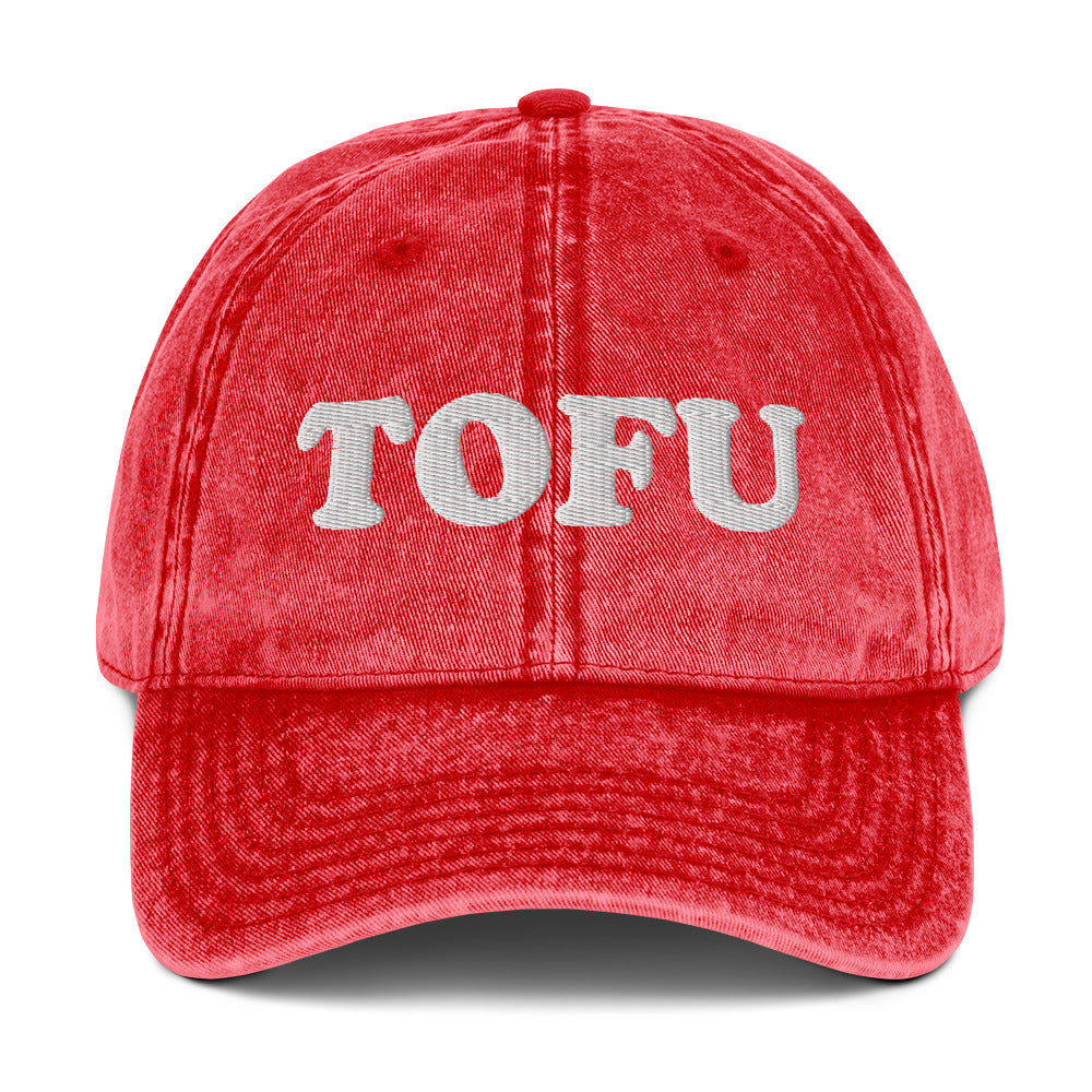 Red Tofu hat - Our Tofu Dad Hat is comfortable, adjustable, and comes in a variety of colors. It's a classic dad hat, expertly embroidered just for you! Make a statement and eat more plants in this funny dad hat for plant based babes and beyond.