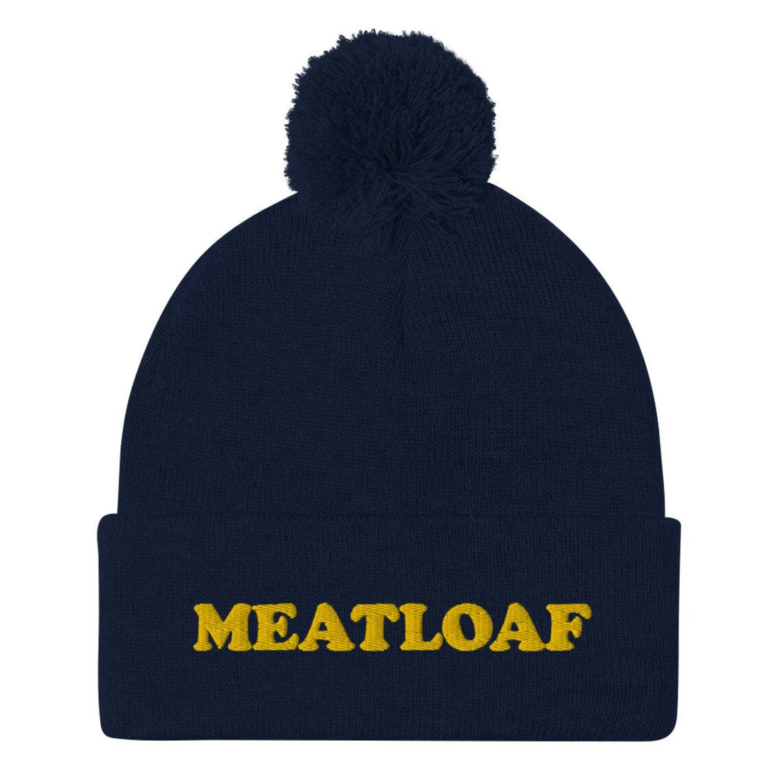 Navy blue meatloaf beanie hat for weird foodies - Eat meatloaf in style with this funny foodie beanie. It's a unisex embroidered beanie that's perfect for meatloaf enthusiasts of all kinds. If you love meatloaf, this weird foodie hat is a must have. It's warm, cozy, and made just for you. Stay weird in a meatloaf hat or give it as a unique and funny gift for foodies. 