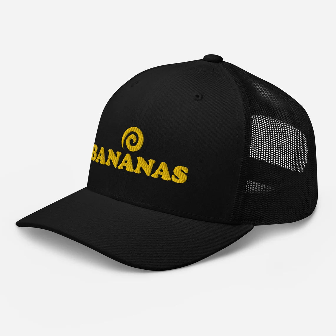 Black banana trucker hat - This Bananas trucker cap is a classic foodie hat for everyday with a unique banana lover embroidery. It's a comfortable and funny foodie trucker hat with a mesh back. Wear this weird trucker hat as an everyday accessory for banana lovers or give it as a unique gift for banana enthusiasts. This trucker hat is bananas.