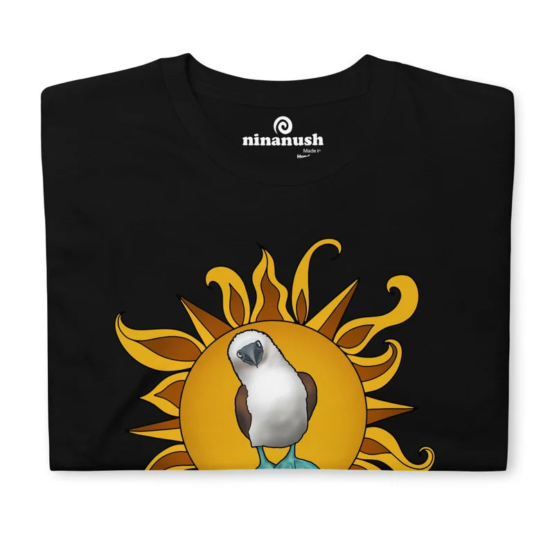 Original blue-footed booby shirt with trippy yellow and orange sun. This colorful blue-footed booby and trippy sun t-shirt is hand drawn and totally unique. The blue-footed booby graphic t-shirt is a funny and funky design only available in our small online shop. It's a perfect unique gift for animal lovers and everyone else.