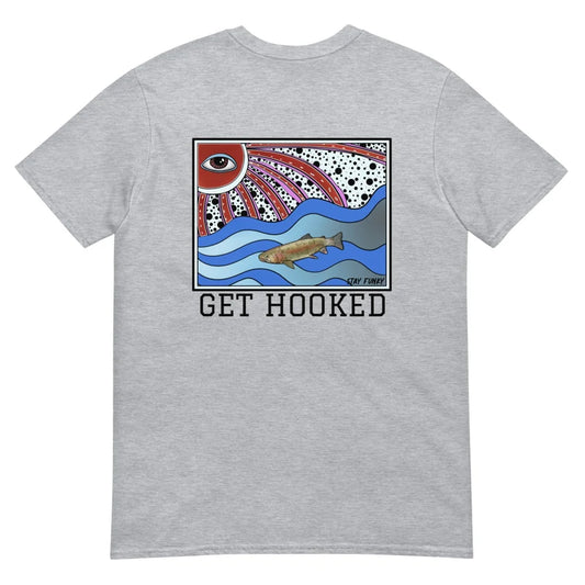 Trippy rainbow trout graphic t-shirt with a large colorful print and "get hooked" on the back and a small trout print on the front with the words "stay funky weird wild." This colorful funky rainbow trout and sun t-shirt is hand drawn and totally unique. The funky fish picture is original with a psychedelic style.  