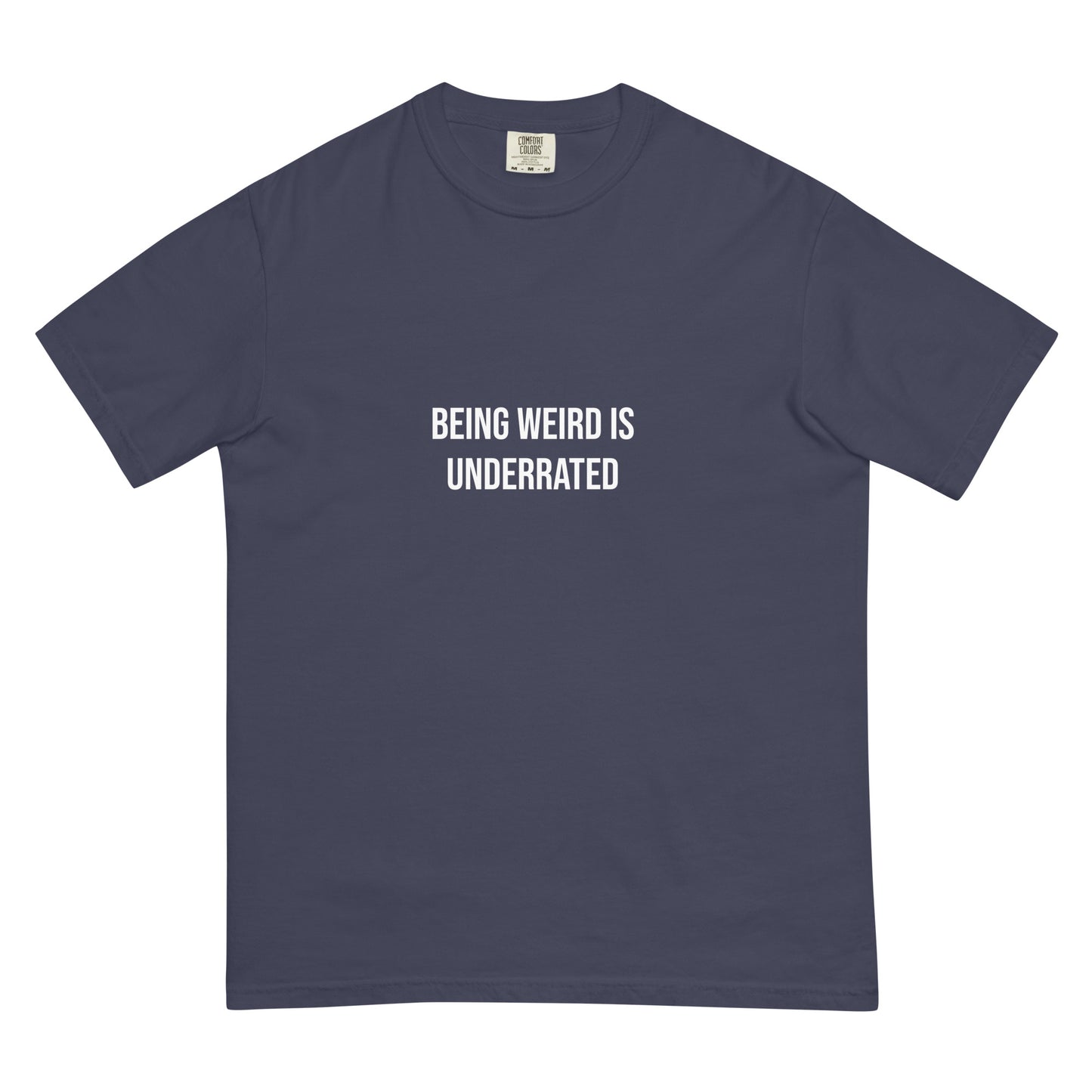 Funky navy blue t-shirt for weird people - This Weird is Underrated T-shirt is a funky, colorful tshirt with a message. The heavyweight cotton tshirt encourages self-expression and being different. Stay weird and show the world that being different is something to be embraced and celebrated. It's a unique streetwear everyday t-shirt and cute gift for weird friends.