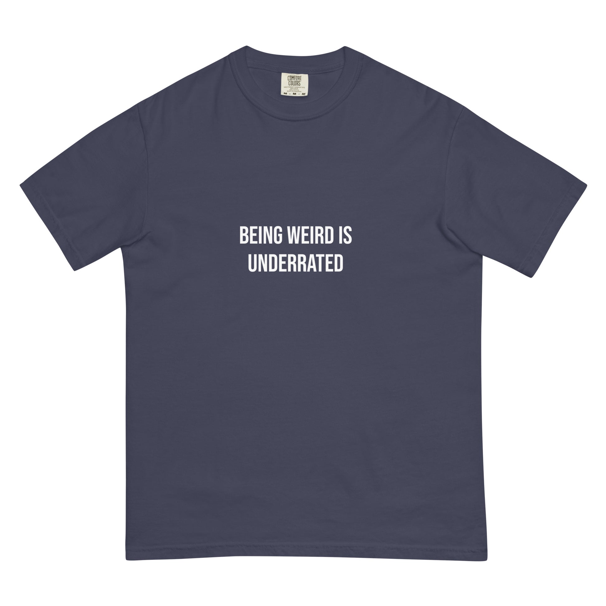 Funky navy blue t-shirt for weird people - This Weird is Underrated T-shirt is a funky, colorful tshirt with a message. The heavyweight cotton tshirt encourages self-expression and being different. Stay weird and show the world that being different is something to be embraced and celebrated. It's a unique streetwear everyday t-shirt and cute gift for weird friends.