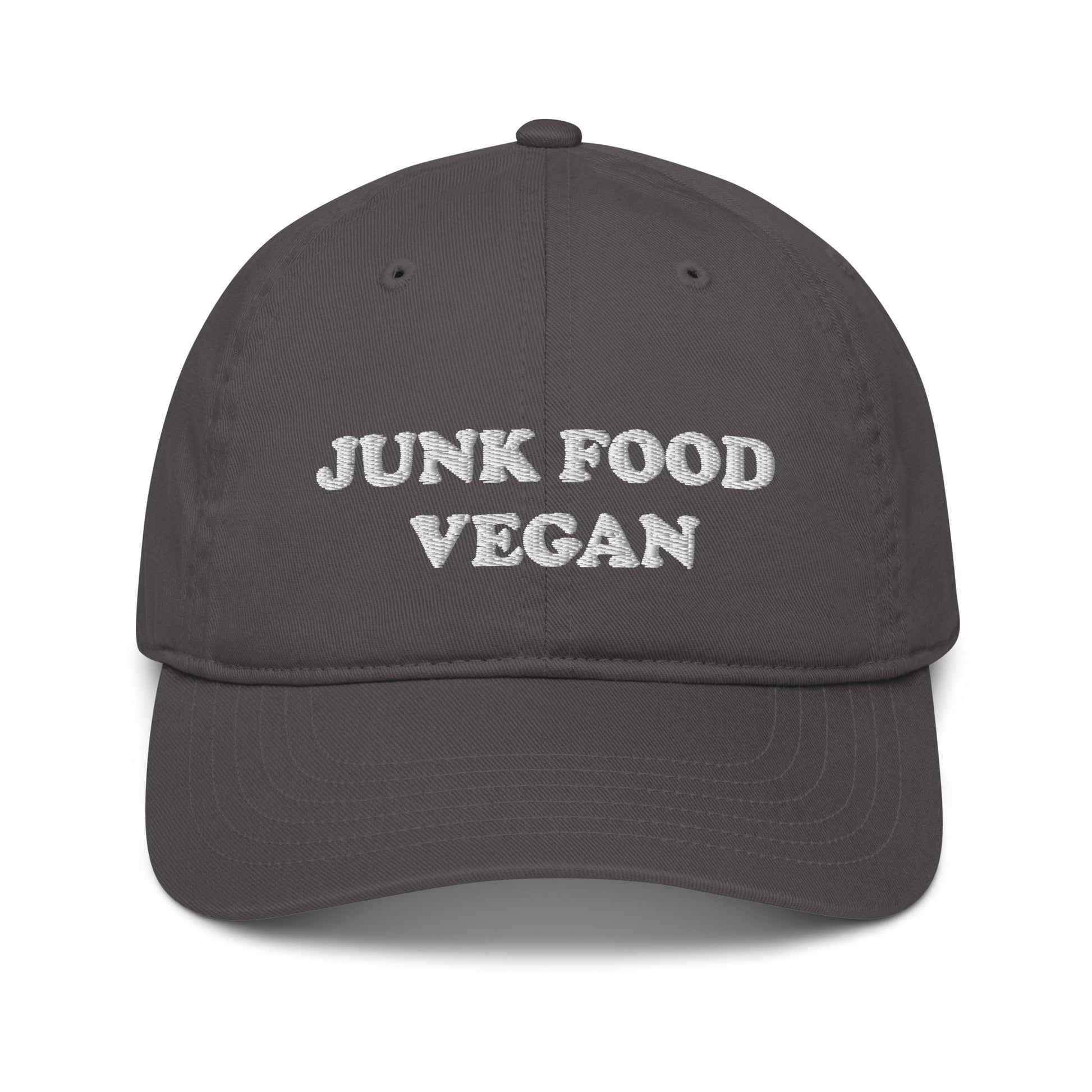Gray Vegan Dad Hat - This junk food vegan dad hat is comfortable, adjustable and best of all - eco friendly. It's a funny vegan hat that's expertly embroidery just for you. Make a statement, be kind to all kinds and eat your favorite vegan junk food.