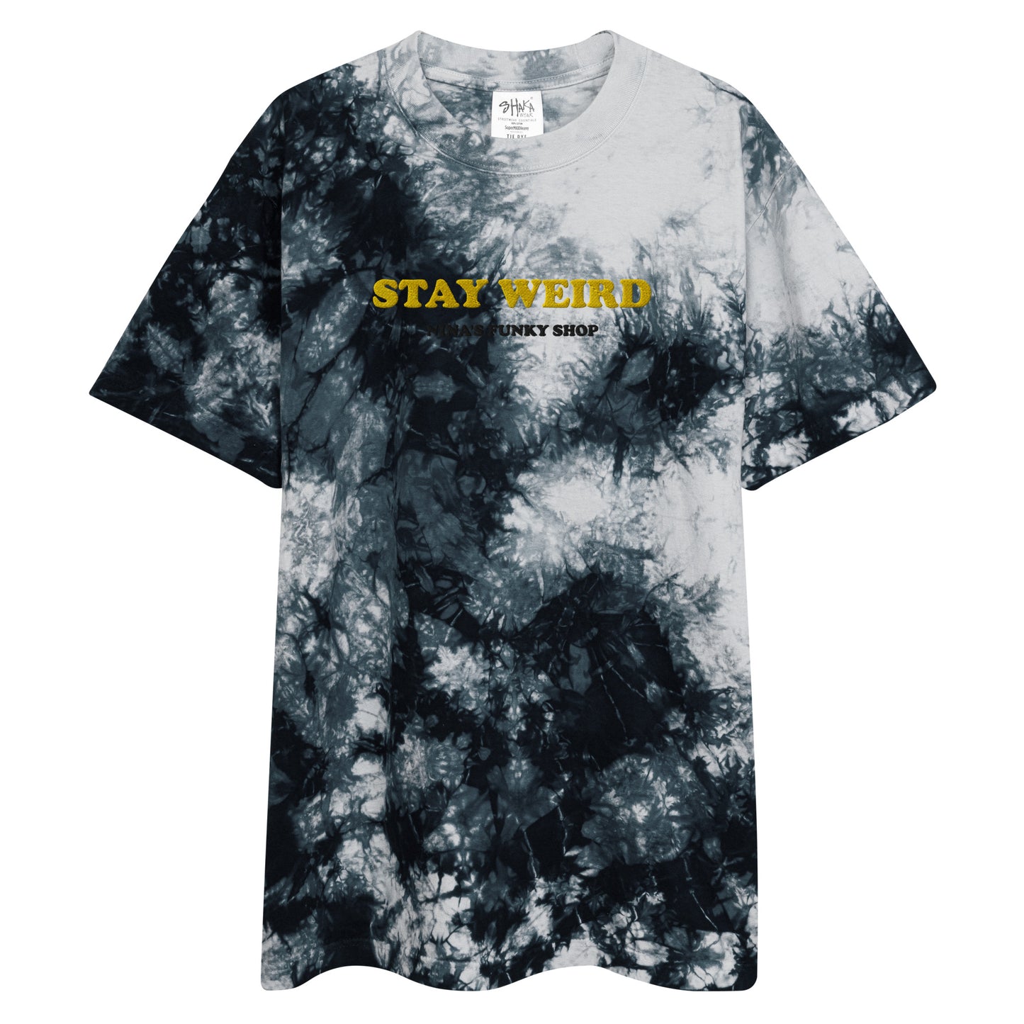 Stay weird in this streetwear essential. The funky t-shirt has "STAY WEIRD" embroidered in yellow and "NINA'S FUNKY SHOP" in black. This oversized tie-dye t-shirt is cool and stylish with a relaxed fit and durable, heavyweight cotton material. Celebrate your individuality in our unique foodie hats, weird t-shirts and more.
