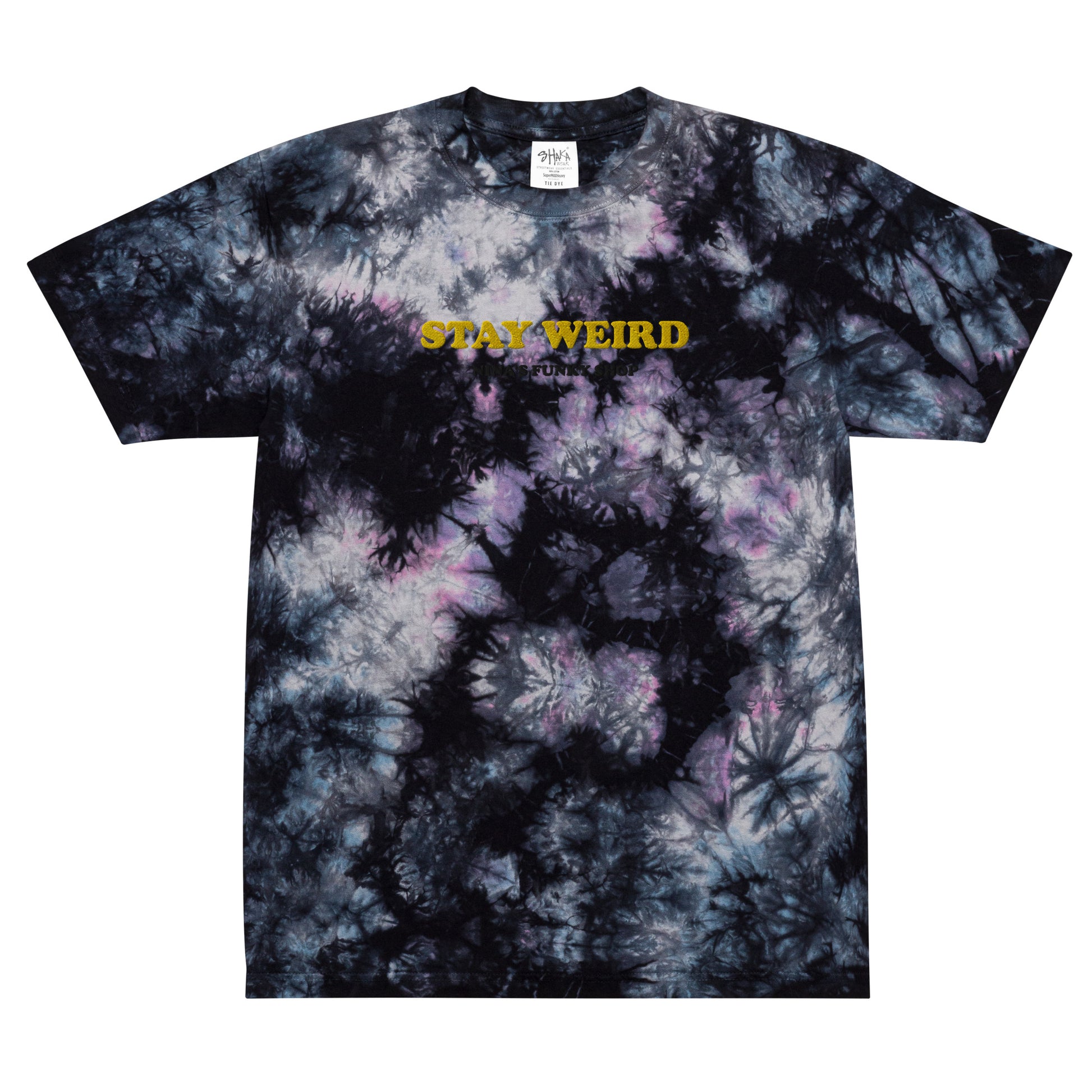 Stay weird in this streetwear essential. The funky t-shirt has "STAY WEIRD" embroidered in yellow and "NINA'S FUNKY SHOP" in black. This oversized tie-dye t-shirt is cool and stylish with a relaxed fit and durable, heavyweight cotton material. Celebrate your individuality in our unique foodie hats, weird t-shirts and more.
