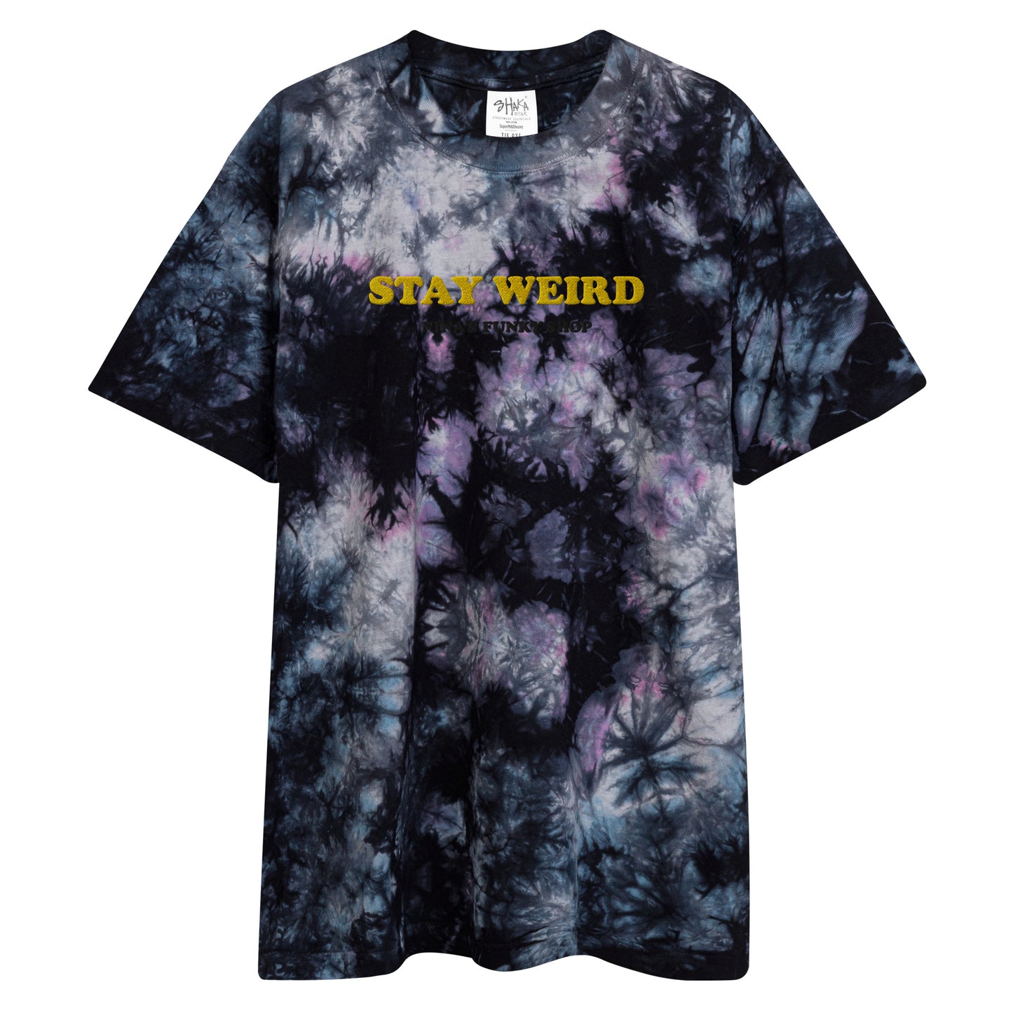 Stay weird in this streetwear essential. The funky t-shirt has "STAY WEIRD" embroidered in yellow and "NINA'S FUNKY SHOP" in black. This oversized tie-dye t-shirt is cool and stylish with a relaxed fit and durable, heavyweight cotton material. Celebrate your individuality in our unique foodie hats, weird t-shirts and more.
