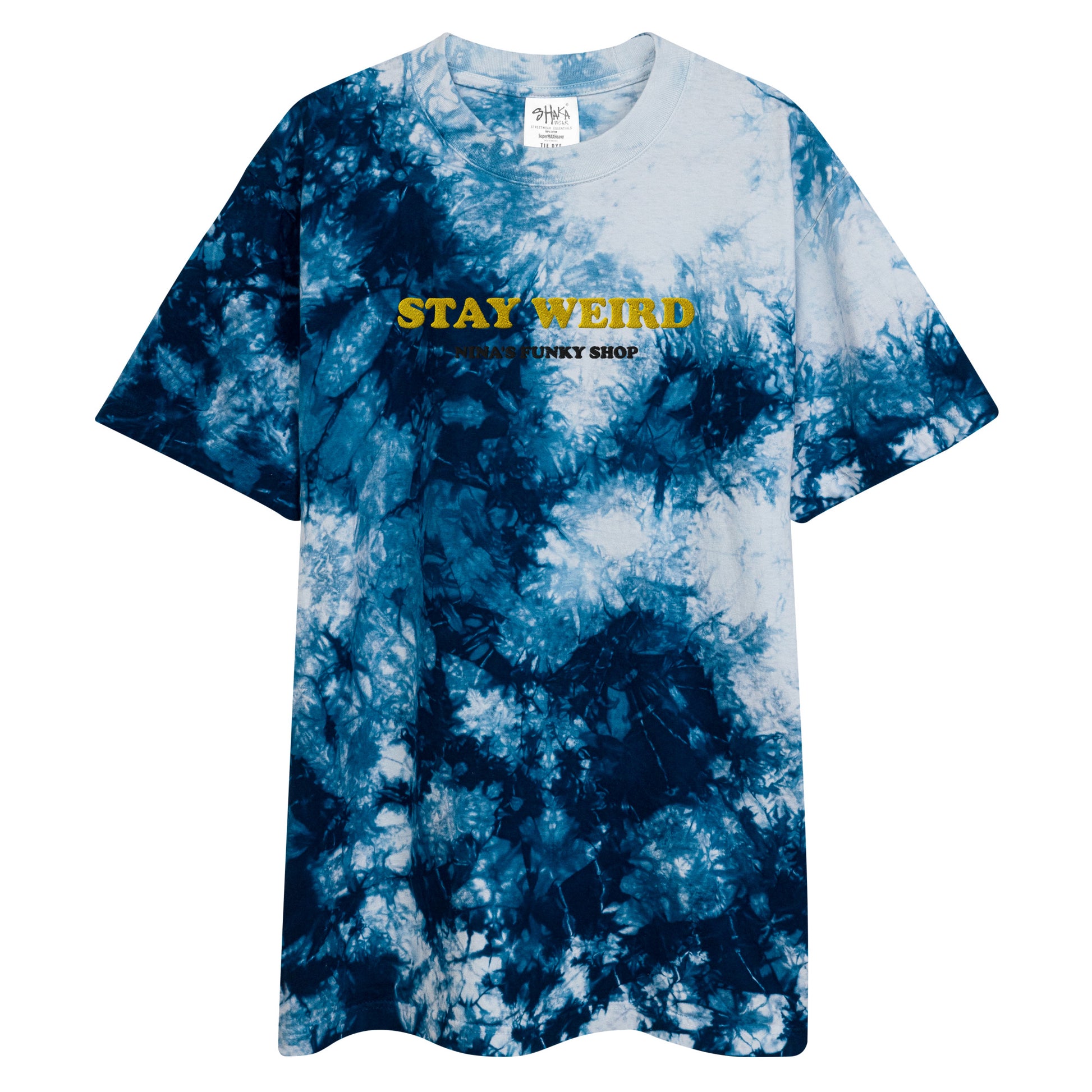 Stay weird in this streetwear essential. The funky t-shirt has "STAY WEIRD" embroidered in yellow and "NINA'S FUNKY SHOP" in black. This oversized tie-dye t-shirt is cool and stylish with a relaxed fit and durable, heavyweight cotton material. Celebrate your individuality in our unique foodie hats, weird t-shirts and more.