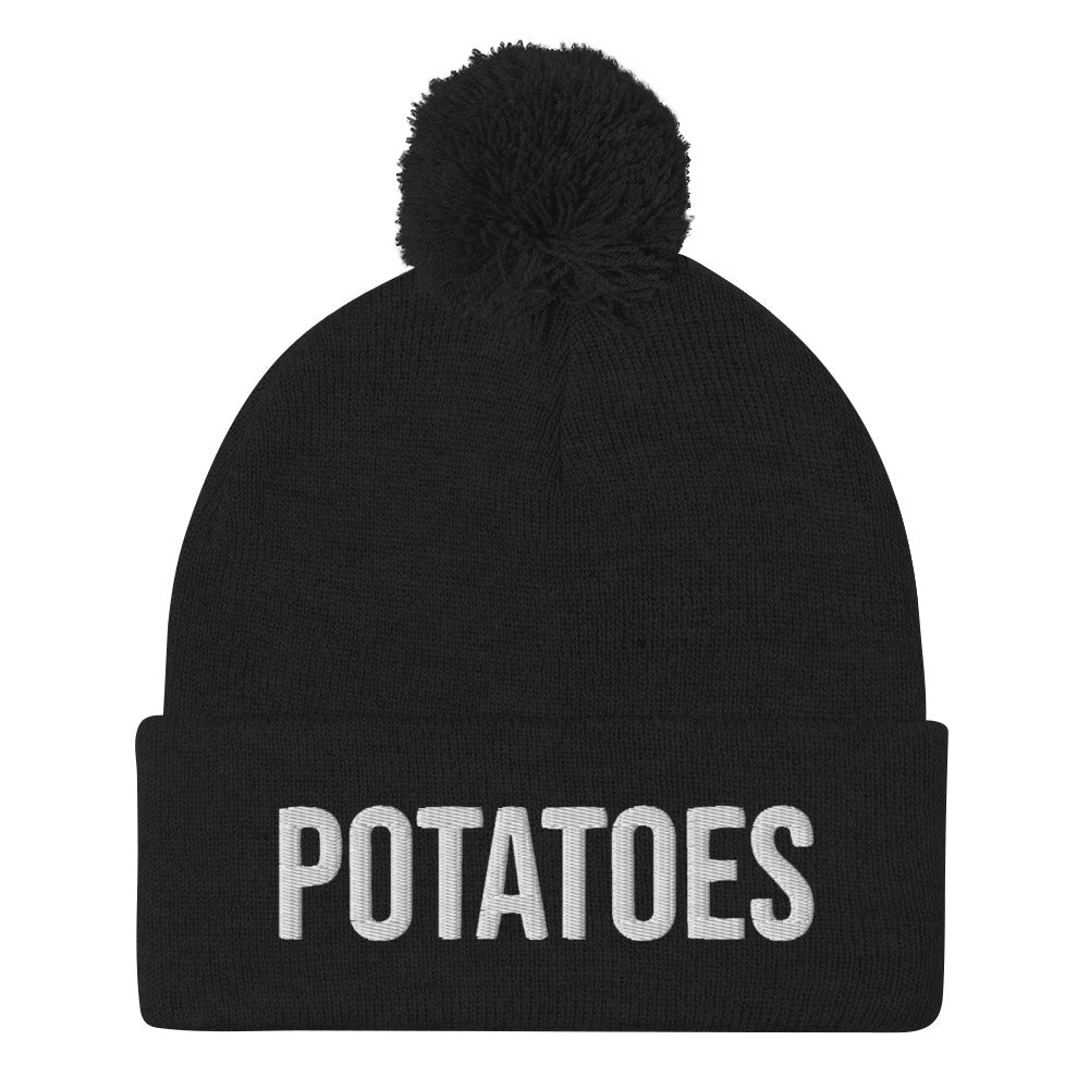 Black potatoes beanie for foodies - A unique potato lover beanie for foodies. This weird hat is a classic unisex embroidered foodie beanie. Everyone loves potatoes. Make a statement and celebrate the magic of potatoes in all of it's forms in this potato lover accessory. Or give this foodie beanie hat as a funny gift for foodies and potato enthusiasts.