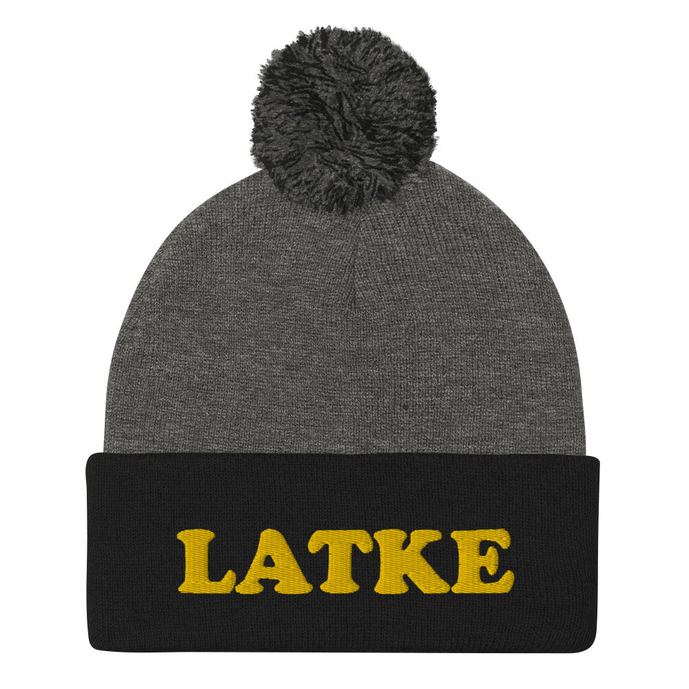 Gray and black beanie with latke embroidery - What's your favorite Jewish food? If you love latkes, now you can make your favorite latke recipe and wear your latke beanie, too. It's the perfect Jewish food hat for holiday parties. Celebrate your favorite Jewish foods in our unusual foodie streetwear. This latke beanie is exactly what every Jewish foodie needs.