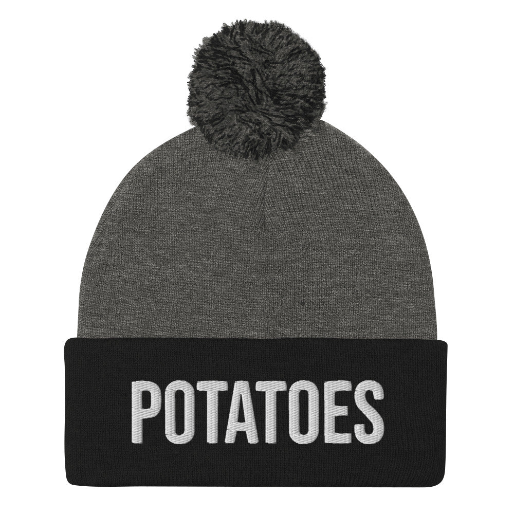 Black and gray funny potato beanie for foodies - A unique potato lover beanie for foodies. This weird hat is a classic unisex embroidered foodie beanie. Everyone loves potatoes. Make a statement and celebrate the magic of potatoes in all of it's forms in this potato lover accessory. Or give this foodie beanie hat as a funny gift for foodies and potato enthusiasts.