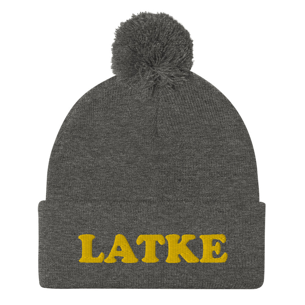 Gray Jewish food hat with latke embroidery - What's your favorite Jewish food? If you love latkes, now you can make your favorite latke recipe and wear your latke beanie, too. It's the perfect Jewish food hat for holiday parties. Celebrate your favorite Jewish foods in our unusual foodie streetwear. This latke beanie is exactly what every Jewish foodie needs.