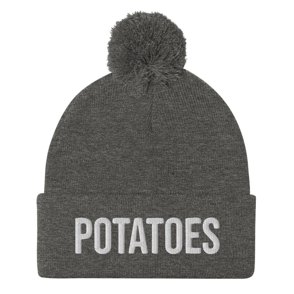 Gray potato lover foodie beanie with white embroidery - A unique potato lover beanie for foodies. This weird hat is a classic unisex embroidered foodie beanie. Everyone loves potatoes. Make a statement and celebrate the magic of potatoes in all of it's forms in this potato lover accessory. Or give this foodie beanie hat as a funny gift for foodies and potato enthusiasts.