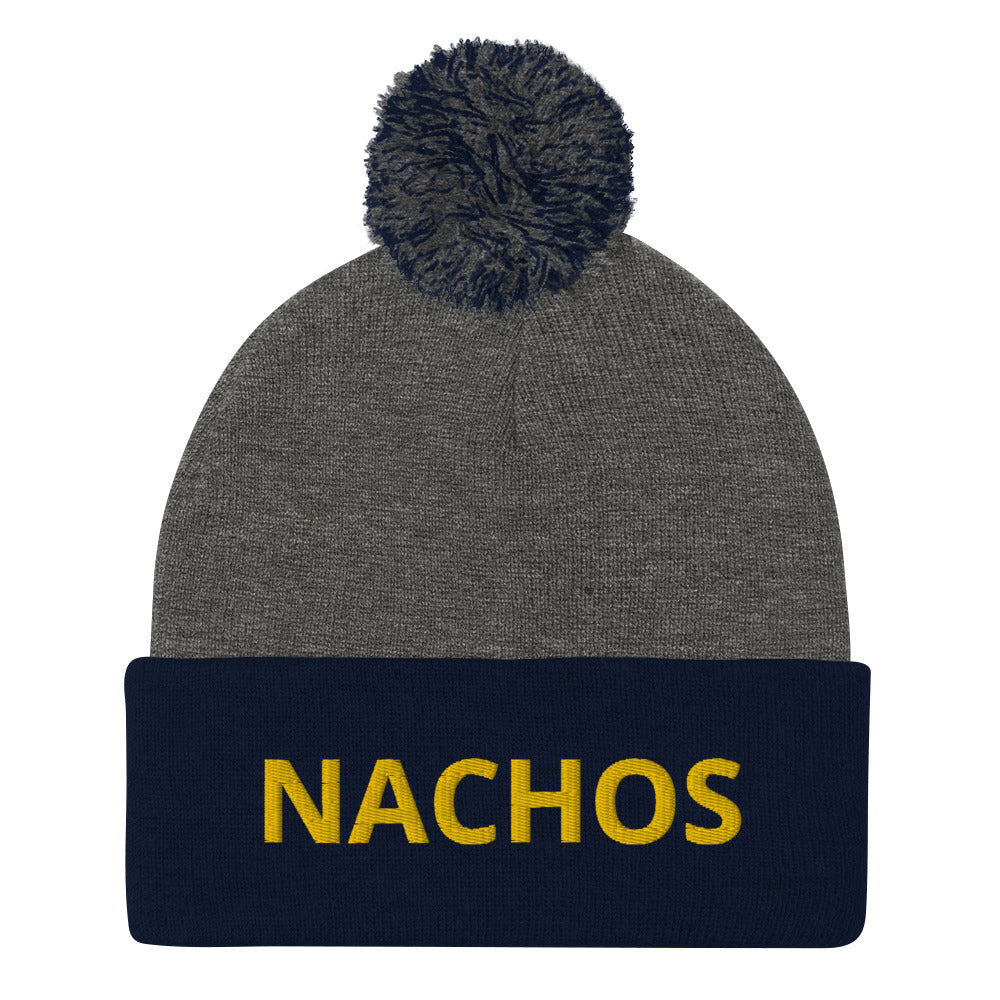 Nacho and gray - nachos beanie - Love nachos? Looking for a funny hat for a foodie? Our Nachos Beanie is is comfortable, warm and expertly embroidered just for you. It's a classic beanie with a pom pom on tap, perfect for everyday streetwear or a gift for a nacho enthusiast.