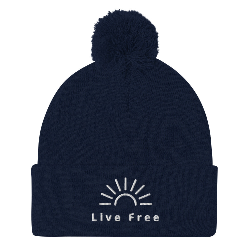 Live Free Sunset Pom-Pom Beanie / Live Free Hat / Freedom Winter Hat / Free Spirit Hat / Nature Lover Hat / New Hampshire Hat / Happy hat