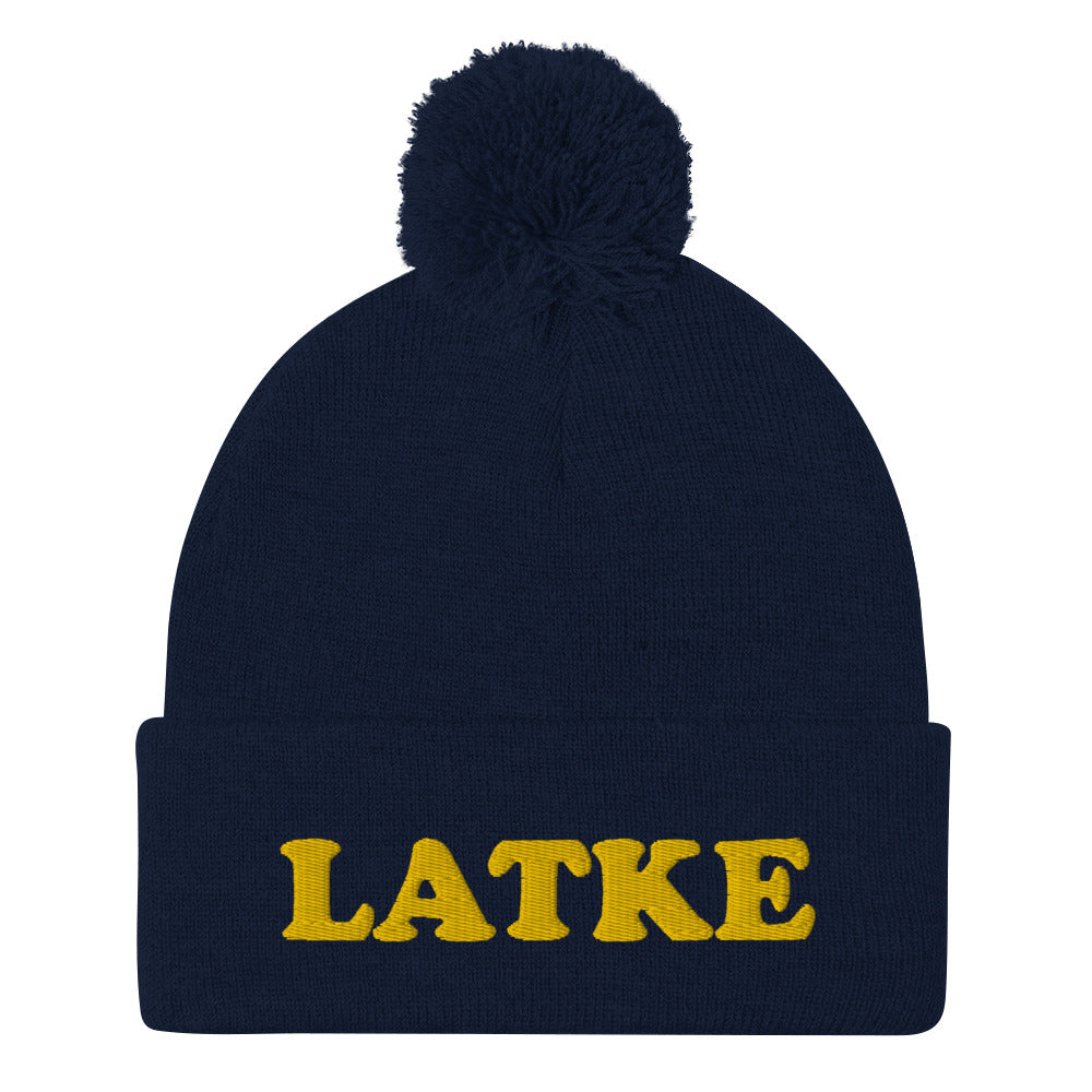Navy blue latke beanie hat for Hanukkah - What's your favorite Jewish food? If you love latkes, now you can make your favorite latke recipe and wear your latke beanie, too. It's the perfect Jewish food hat for holiday parties. Celebrate your favorite Jewish foods in our unusual foodie streetwear. This latke beanie is exactly what every Jewish foodie needs.