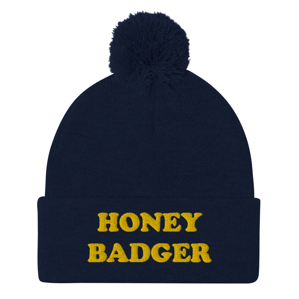 Navy - What's your spirit animal? This honey badger beanie is a perfect warm and cozy hat for cold weather. The funny animal beanie has a honey badger embroidery that's a perfect unique gift for honey badger & animal lovers. Shop funny spirit animal beanies, foodie clothing, vegan graphic t-shirts, garlic hats and more. 