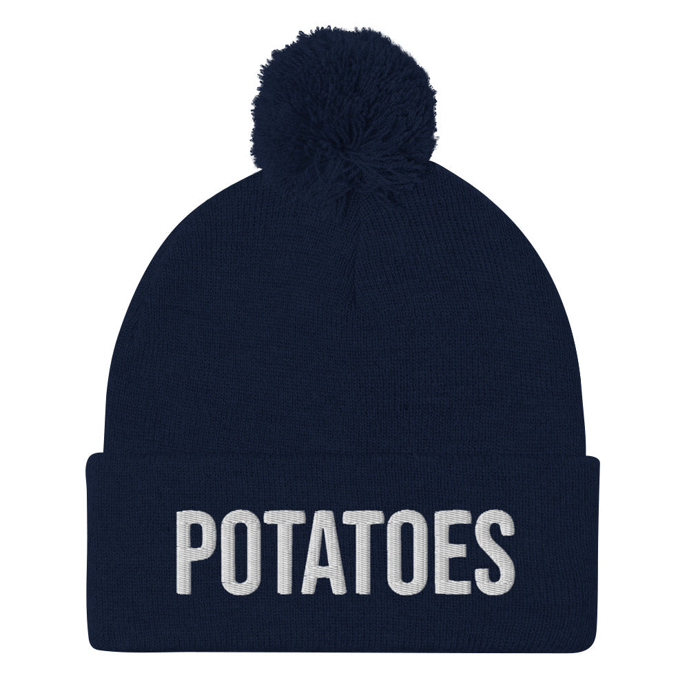 Potato lover beanie in navy blue - A unique potato lover beanie for foodies. This weird hat is a classic unisex embroidered foodie beanie. Everyone loves potatoes. Make a statement and celebrate the magic of potatoes in all of it's forms in this potato lover accessory. Or give this foodie beanie hat as a funny gift for foodies and potato enthusiasts.
