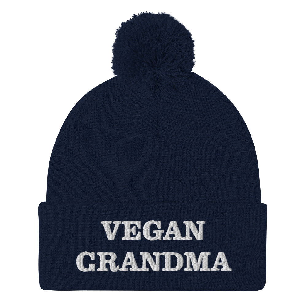 Navy blue funny old vegan beanie hat for vegan foodies - This Vegan Grandma Beanie is exactly what every vegan foodies needs. Wear it on everyday plant based adventures, as funny vegan street wear and or while eating your favorite vegan snacks cozy at home. Show off your plant-based pride with this Vegan Grandma Beanie or give it as a funny gift to your favorite veteran vegan.