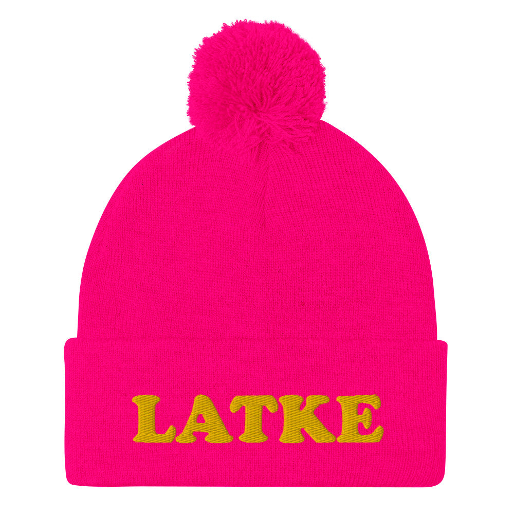 Hot pink Jewish food beanie hat with latke embroidery for hanukkah - What's your favorite Jewish food? If you love latkes, now you can make your favorite latke recipe and wear your latke beanie, too. It's the perfect Jewish food hat for holiday parties. Celebrate your favorite Jewish foods in our unusual foodie streetwear. This latke beanie is exactly what every Jewish foodie needs.