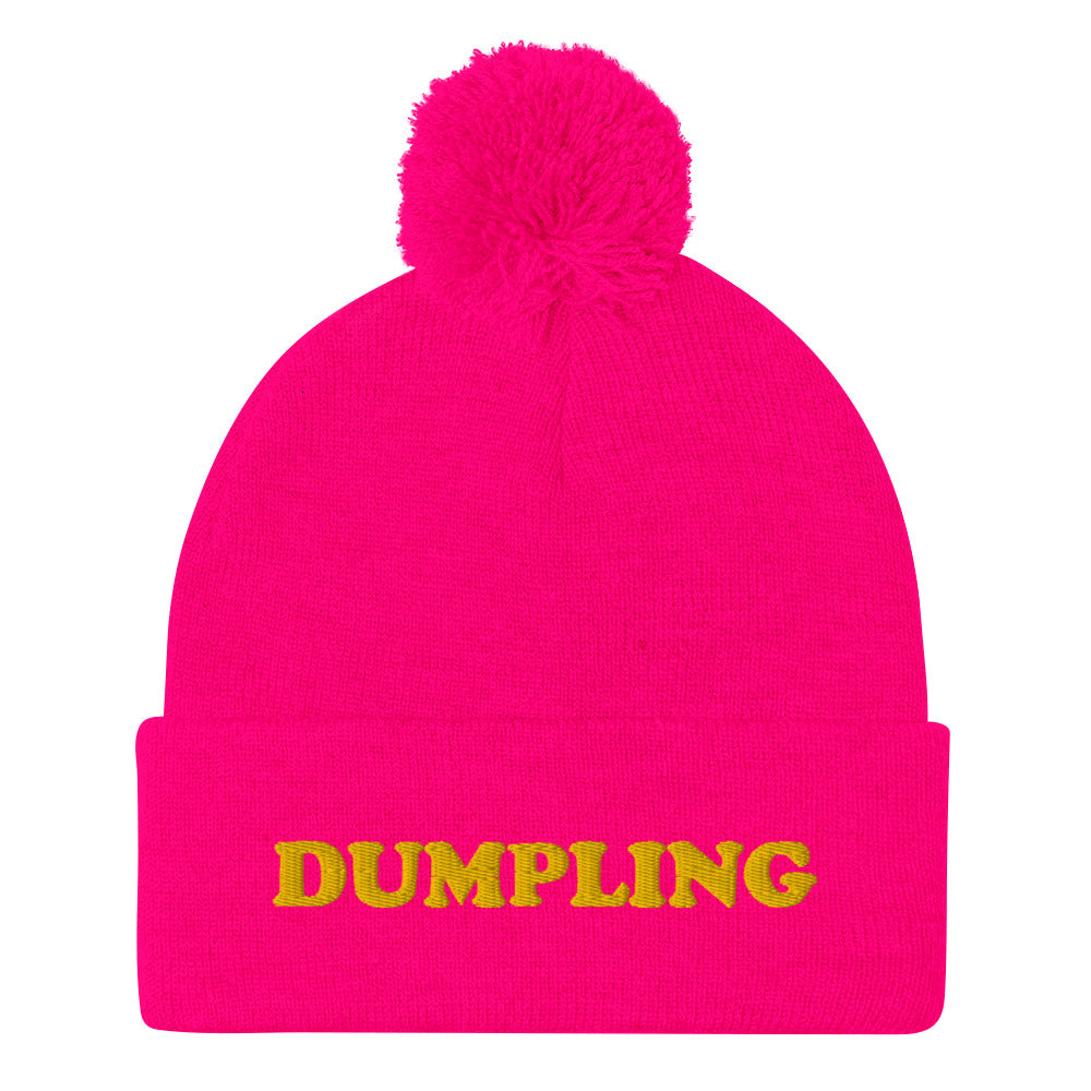 Hot pink dumpling beanie for foodies - Are you a dumpling enthusiast? This dumpling beanie hat is all you've been missing. Now you can eat your favorite dumplings in a unique dumpling hat with a classic pom pom on top. Stay weird and stay warm in this cozy and unusual food beanie hat.  Celebrate your favorite dumplings in our funky foodie beanies & clothing.