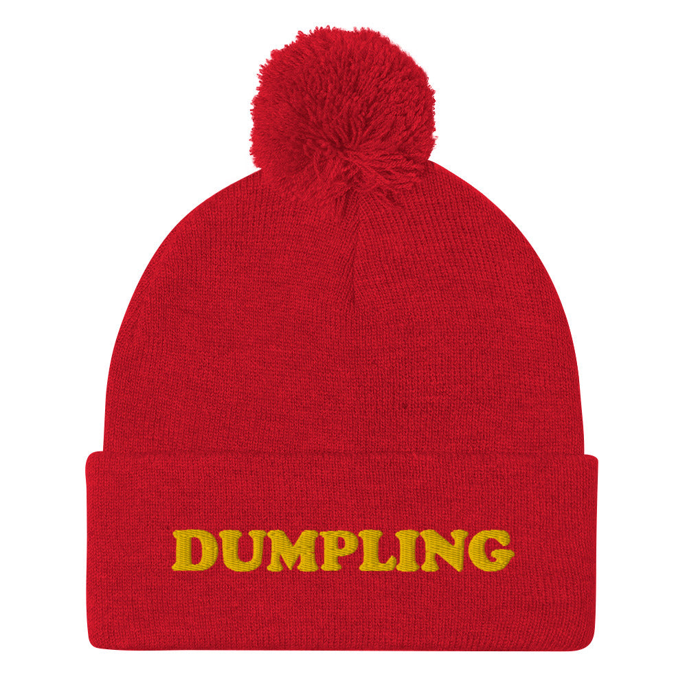 Red funny foodie beanie - Are you a dumpling enthusiast? This dumpling beanie hat is all you've been missing. Now you can eat your favorite dumplings in a unique dumpling hat with a classic pom pom on top. Stay weird and stay warm in this cozy and unusual food beanie hat.  Celebrate your favorite dumplings in our funky foodie beanies & clothing.