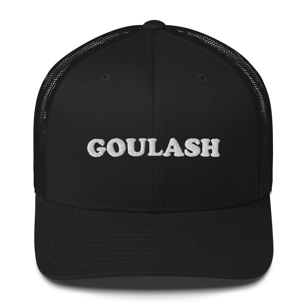 This goulash trucker cap with a mesh back is a comfortable and unusual foodie hat for everyday. It's a classic trucker cap with a funny and unusual foodie embroidery. This funky trucker hat is perfect for people who love goulash. Celebrate your favorite foods in our funky foodie clothing and accessories.