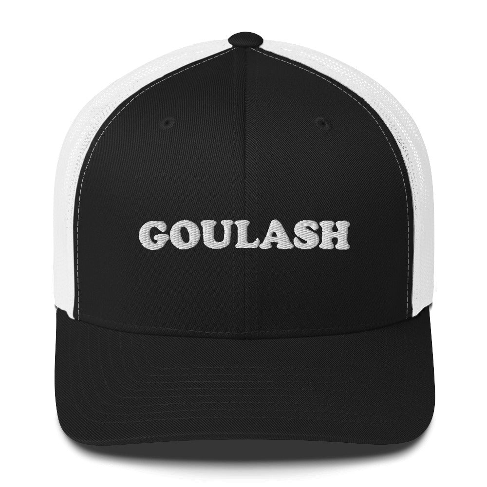 Black and white trucker hat for foodies - This goulash trucker cap with a mesh back is a comfortable and unusual foodie hat for everyday. It's a classic trucker cap with a funny and unusual foodie embroidery. This funky trucker hat is perfect for people who love goulash. Celebrate your favorite foods in our funky foodie clothing and accessories.