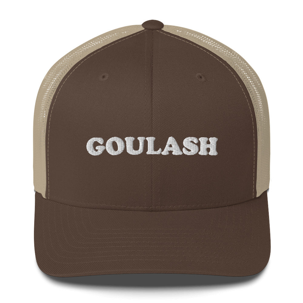Brown trucker hat for foodies - This goulash trucker cap with a mesh back is a comfortable and unusual foodie hat for everyday. It's a classic trucker cap with a funny and unusual foodie embroidery. This funky trucker hat is perfect for people who love goulash. Celebrate your favorite foods in our funky foodie clothing and accessories.