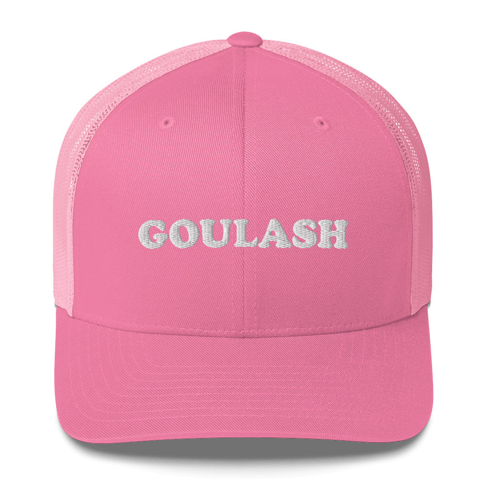 Pink trucker hat for foodies - This goulash trucker cap with a mesh back is a comfortable and unusual foodie hat for everyday. It's a classic trucker cap with a funny and unusual foodie embroidery. This funky trucker hat is perfect for people who love goulash. Celebrate your favorite foods in our funky foodie clothing and accessories.