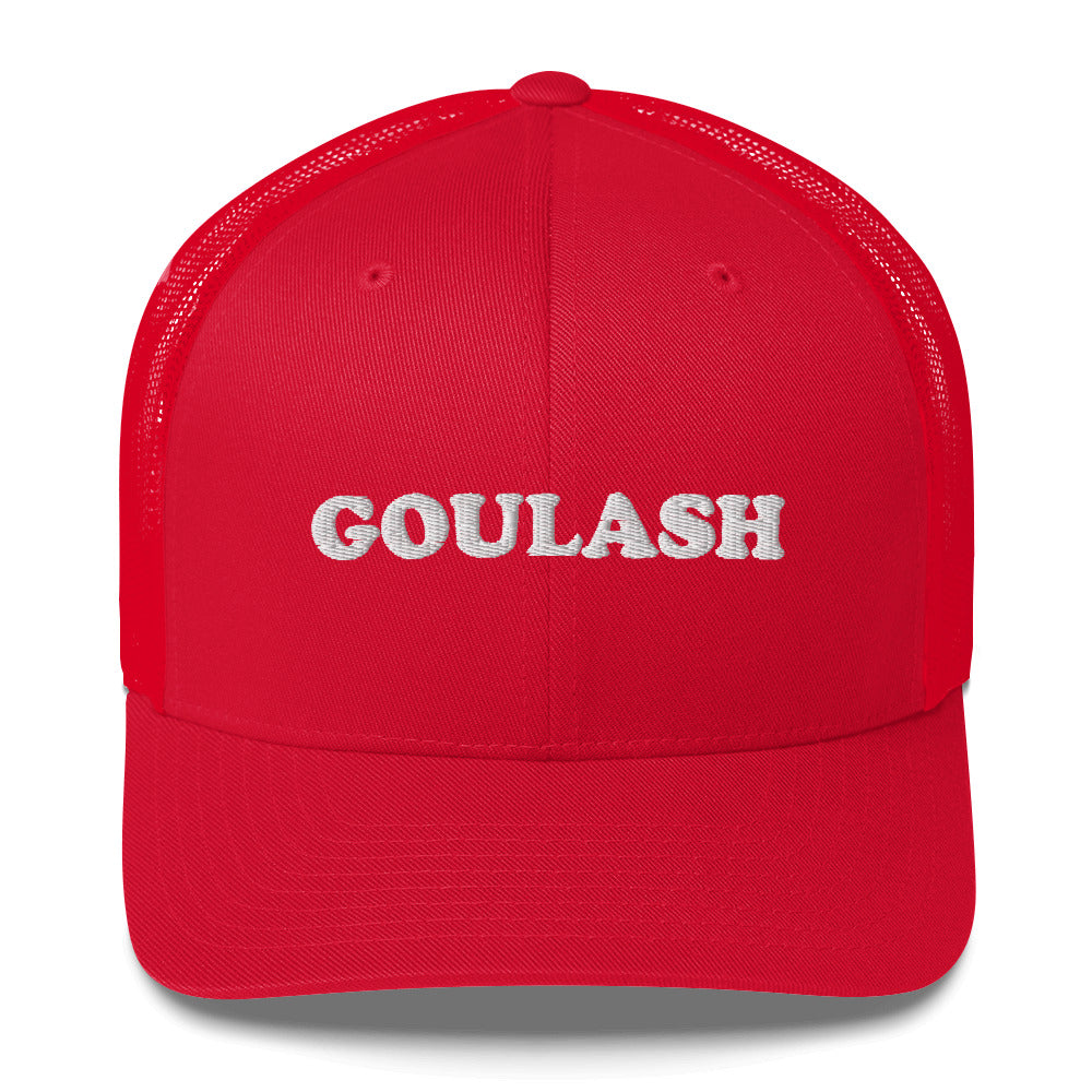 Bright red trucker hat for foodies and goulash lovers - This goulash trucker cap with a mesh back is a comfortable and unusual foodie hat for everyday. It's a classic trucker cap with a funny and unusual foodie embroidery. This funky trucker hat is perfect for people who love goulash. Celebrate your favorite foods in our funky foodie clothing and accessories.