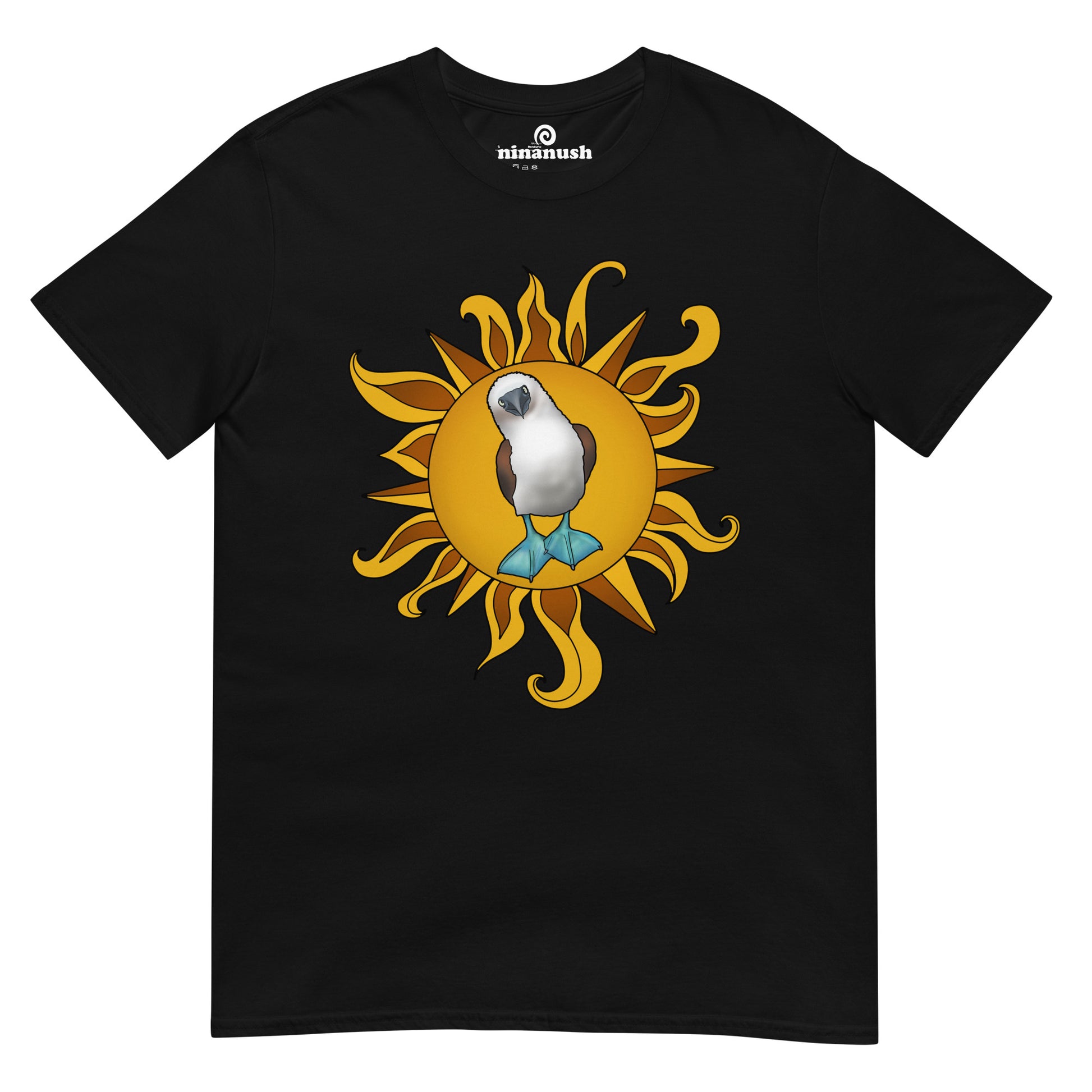 Original blue-footed booby shirt with trippy yellow and orange sun. This colorful blue-footed booby and trippy sun t-shirt is hand drawn and totally unique. The blue-footed booby graphic t-shirt is a funny and funky design only available in our small online shop. It's a perfect unique gift for animal lovers and everyone else.