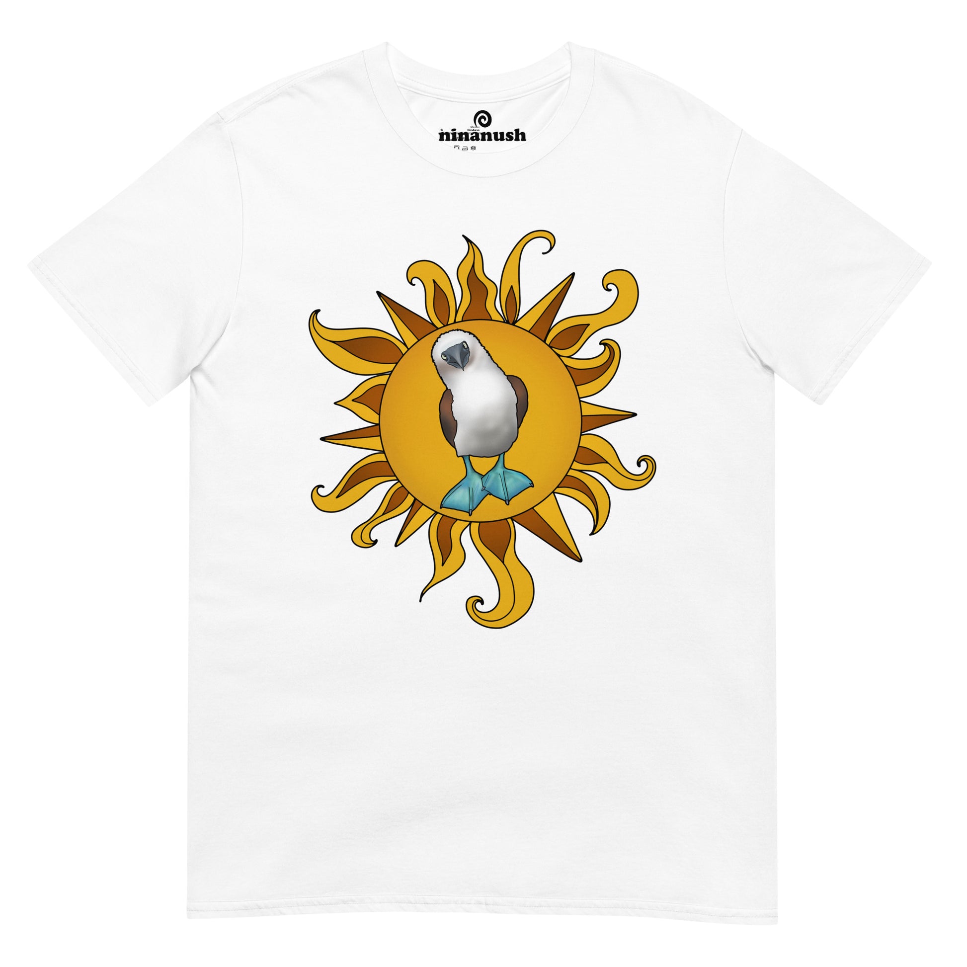 Original blue-footed booby shirt with trippy yellow and orange sun. This colorful blue-footed booby and trippy sun t-shirt is hand drawn and totally unique. The blue-footed booby graphic t-shirt is a funny and funky design only available in our small online shop. It's a perfect unique gift for animal lovers and everyone else.