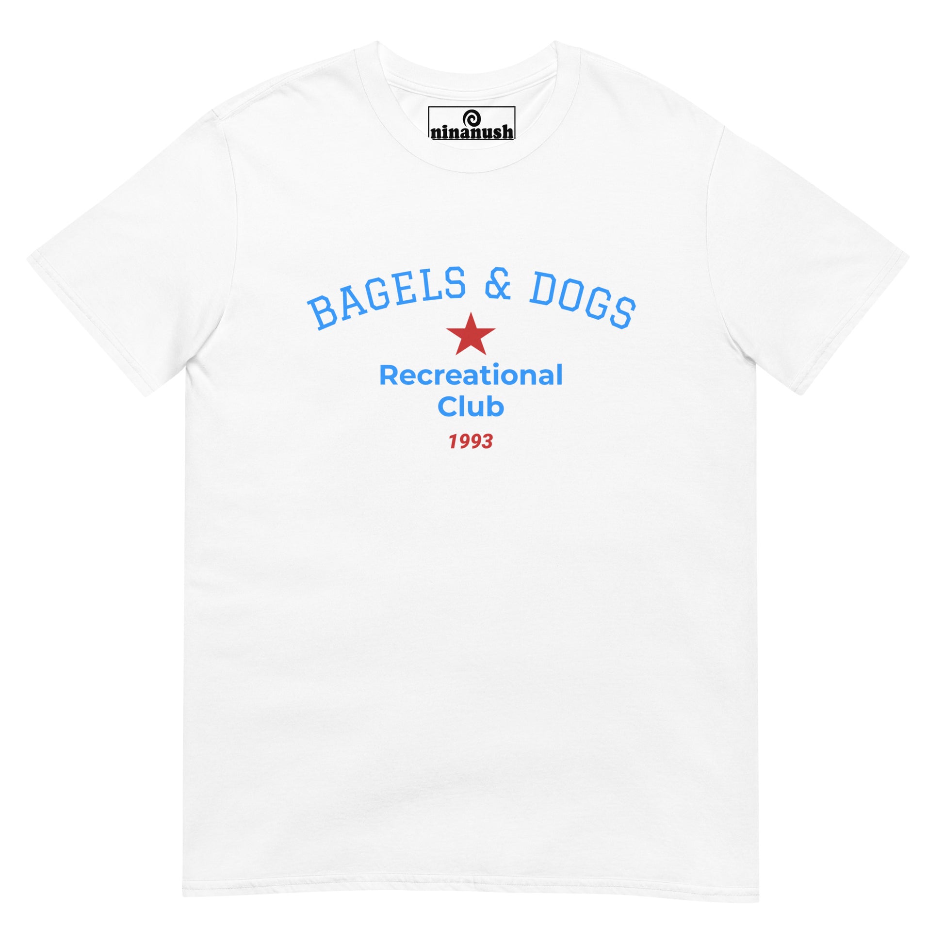 White dog and bagel recreational club t-shirt - This bagels and dogs recreational club t-shirt is a funny and unique shirt for dog and bagel lovers. Our funky dog and bagel t-shirt is comfortable and just a little weird. It's a funny t-shirt for foodies and bagel & puppy enthusiasts. Walk your dog, eat your perfectly toasted bagel, and wear what makes you smile.
