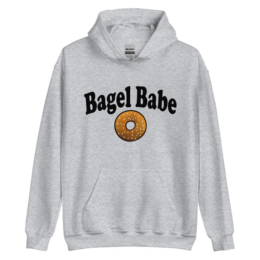 Gray bagel babe hoodie sweatshirt for bagel lovers - The Bagel Babe Hoodie is perfect for foodies and bagel enthusiasts, with its unique design and soft and cozy material. Its funny foodie design is the ideal gift for bagel lovers.  The original design is unique, comes in different colors and made just for you. Eat your bagels in style in a unique bagel hooded sweatshirt. 