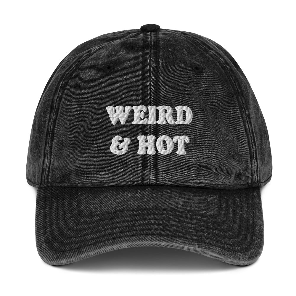 Vintage Black dad hat with weird and hot embroidery. A funny and unique dad hat for weird people - A funky weird and hot dad hat that's made just for you. This trendy retro-style dad hat is a must-have for everyday funky street style. Crafted from quality materials and a featuring a classic fit, and vintage aesthetic, this funny dad hat is favorite everyday accessory or a funny gift for your weird and hot friends.