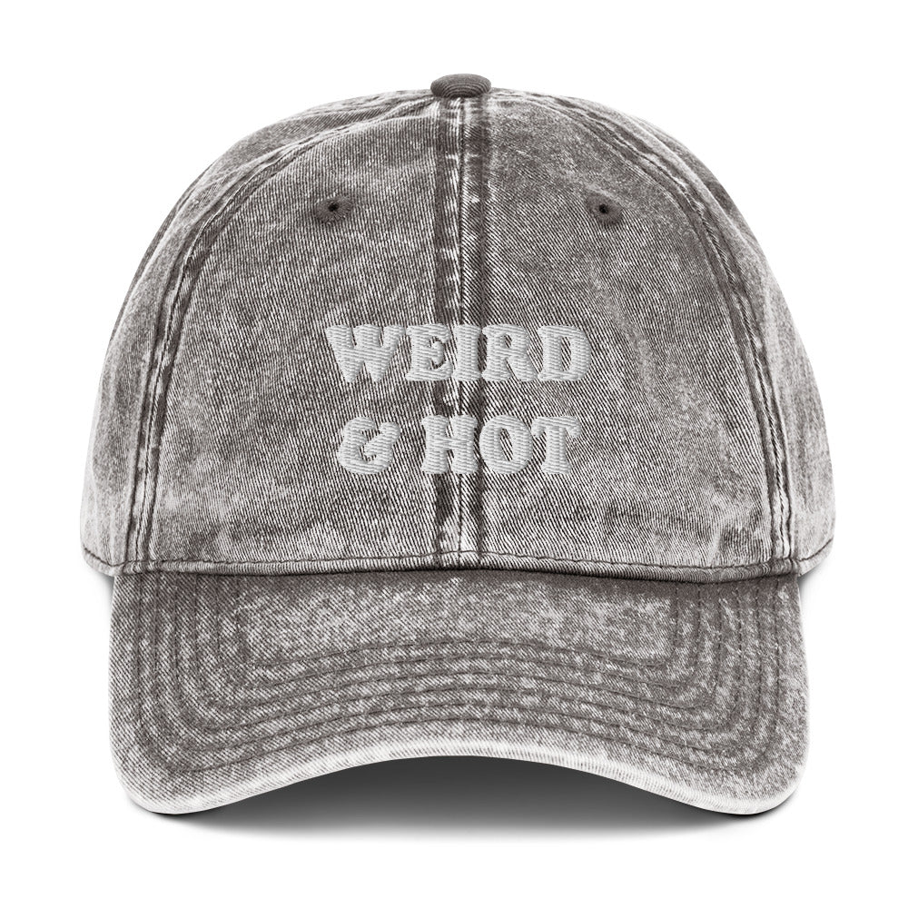 Gray vintage dad hat with unique embroidery - A funky weird and hot dad hat that's made just for you. This trendy retro-style dad hat is a must-have for everyday funky street style. Crafted from quality materials and a featuring a classic fit, and vintage aesthetic, this funny dad hat is favorite everyday accessory or a funny gift for your weird and hot friends.
