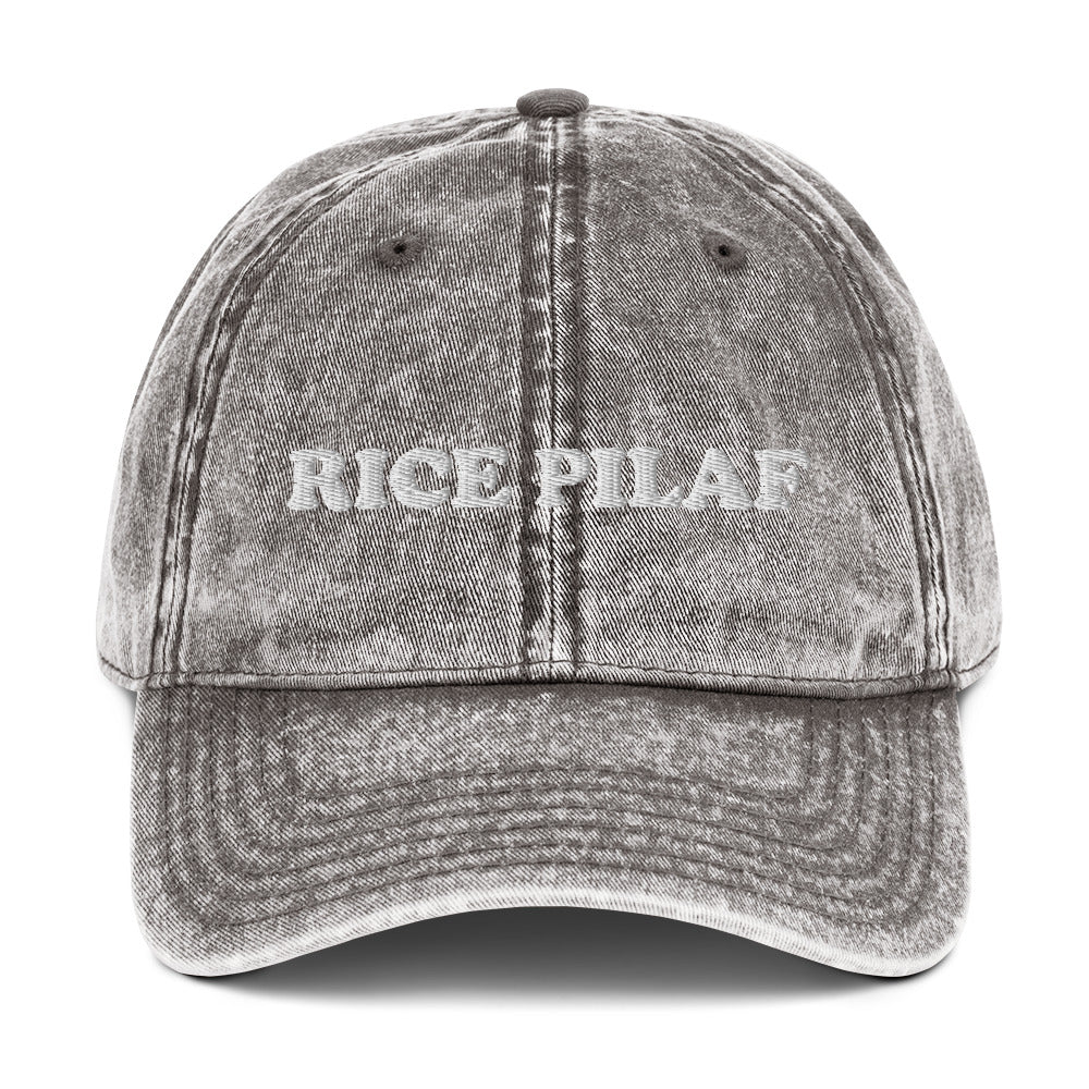 Grey dad hat for rice lovers - This rice pilaf dad hat is the perfect foodie accessory for every day. The vintage-style hat is unique and weird, making it a funny gift for foodies, ideal for the rice lover in your life. The adjustable back ensures the perfect fit and is great for everyday style. Wear it, love it, and make a statement in this foodie hat.